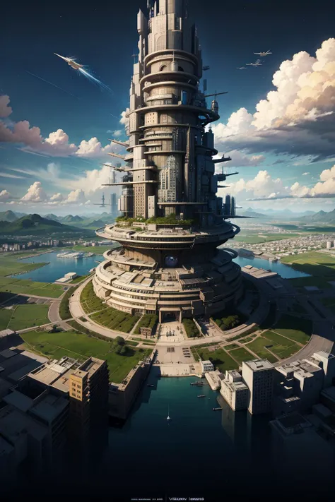 vector art,floating city,
scenery, sky, cloud, outdoors, science fiction, city, fantasy, building,floating island,