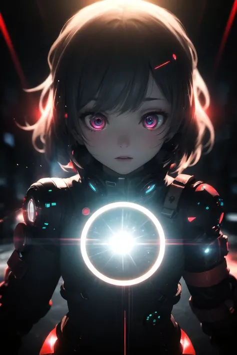 (best quality, ultra detailed), scifi, future, cyberpunk, 1girl, solo, winter, eyes light up in surprise, holographic, red iconcentric circles background, light particles, cinematic lighting, depth of field, lens-flare