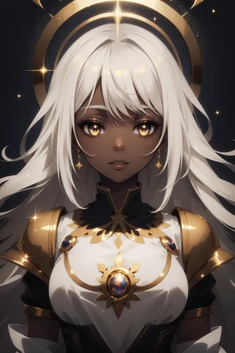 (abstract art:1.2), african art, spiritual art, (style of Francesco Torbido:1.18), white elegant clothing, gold trim, white top, (frills), dark-skinned female, luxury, gold, armband, metal, soft fabric, frilled top, wavy hair, white hair, hair whiskers, light, glowing hair, extravagant, (gold eyes), golden hue, bronze skin, white eyebrows, eyelashes, sparkles, sparkling eyes, cosmic eyes, galaxy print, subtle texture, elegant light dust, in full life
