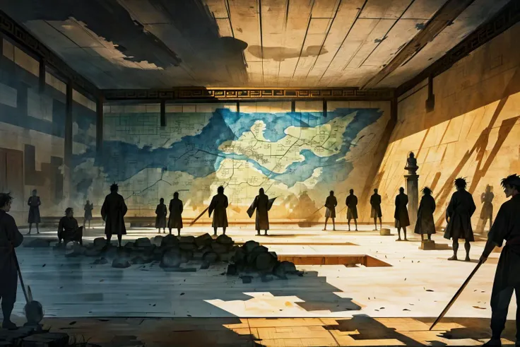 (mobs of people:1.6), chinese silk robes, outlines of maps of ancient china, auditorium filled with people, amphitheater filled with people, semicircle tiered seating, silhouette and shadows of mobs of students and crowds of ancient chinese philosophers shouting and arguing inside a (classroom | ancient chinese courtyard:1.05) Silhouettes and shadows of teachers and students shouting in ancient academies in debate, Hundred Schools of Thought in ancient china, demarcated lines on a worn out battlefield map, masterpiece, academic battles, silhouettes and shadows of people shouting
<lora:add_detail:0.6> <lora:LAS:0.6> <lora:æ¦ä¾ V1:0.6> <lora:splashing ink_20230807094909-000018:0.2> <lora:hairdetailer:0.4> <lora:DW-000008:0.2>