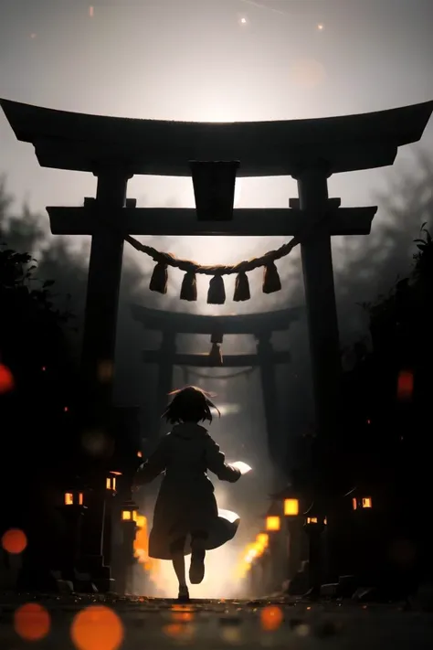(best quality, ultra detailed), silhouette, 1girl, solo, fear, run away, (size difference:1.2), toriibg, torii, <lora:torii_stone-wasabiya:1>, fogy, lantern, light particles, cinematic lighting, background (bokeh, shallow depth of field:1.2),