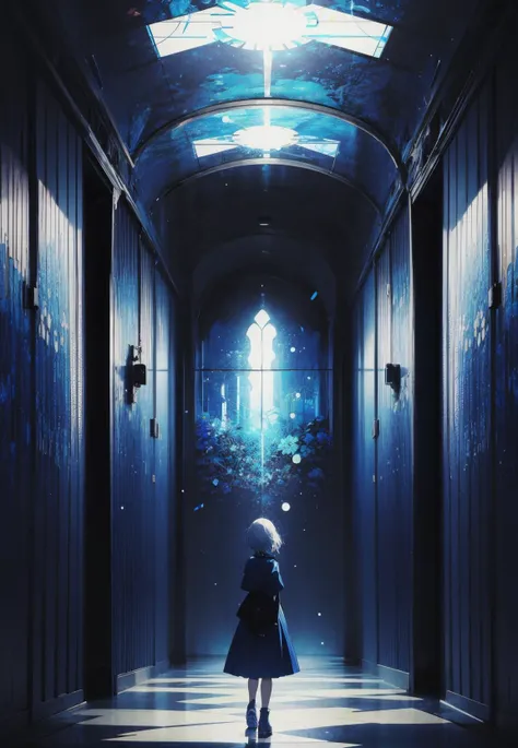 anime opening, (1girl), solo, a dreamscape aesthetic in Cobalt blue theme atmosphere, mosaic background, happy, floral, (wallpaper style), trailer, cinematic, screencap, still shot, true perception, comfortable