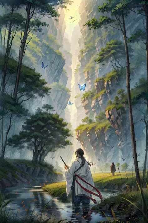 fantasy farmer holding a notebook and chewing a stalk of grass, oxen plowing the fields, berry bushes, butterflies flapping their wings, chinese druid, alchemy, doing research, ancient china, chinese countryside, agriculture and a row of thick forest trees, field of wheat, farming, scientist, one male, magic, masterpiece,  <lora:add_detail:0.6> <lora:LAS:0.6> <lora:hairdetailer:0.6>  <lora:æ­¦ä¾ V1:0.6> <lora:ç¼çå:0.3>  <lora:[LoRA] Jellyfish forest  æ°´ææ£® ããããã Concept (With dropout & noise version):0.3> <lora:DW-000008:0.2>