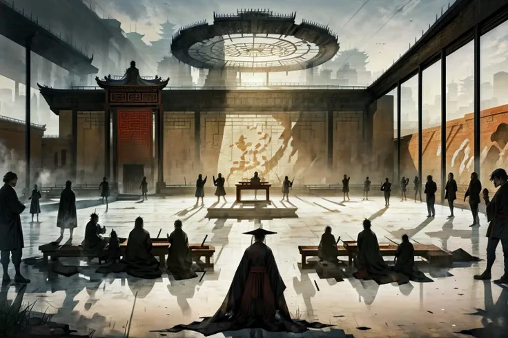 (mobs of people:1.6), chinese silk robes, outlines of maps of ancient china, auditorium filled with people, amphitheater filled with people, semicircle tiered seating, silhouette and shadows of mobs of students and crowds of ancient chinese philosophers shouting and arguing inside a (classroom | ancient chinese courtyard:1.05) Silhouettes and shadows of teachers and students shouting in ancient academies in debate, Hundred Schools of Thought in ancient china, demarcated lines on a worn out battlefield map, masterpiece, academic battles, silhouettes and shadows of people shouting
<lora:add_detail:0.6> <lora:LAS:0.6> <lora:æ¦ä¾ V1:0.6> <lora:splashing ink_20230807094909-000018:0.2> <lora:hairdetailer:0.4> <lora:DW-000008:0.2>