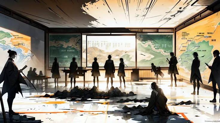 silhouette and shadows of a classroom debate full of students in the background, Silhouettes and shadows of teachers and students shouting in ancient academies in debate, Hundred Schools of Thought in ancient china, demarcated lines on a worn out battlefield map, masterpiece, academic battles, silhouettes and shadows of people shouting
<lora:add_detail:0.6> <lora:LAS:0.6> <lora:splashing ink_20230807094909-000018:0.2> <lora:æ¦ä¾ V1:0.6>