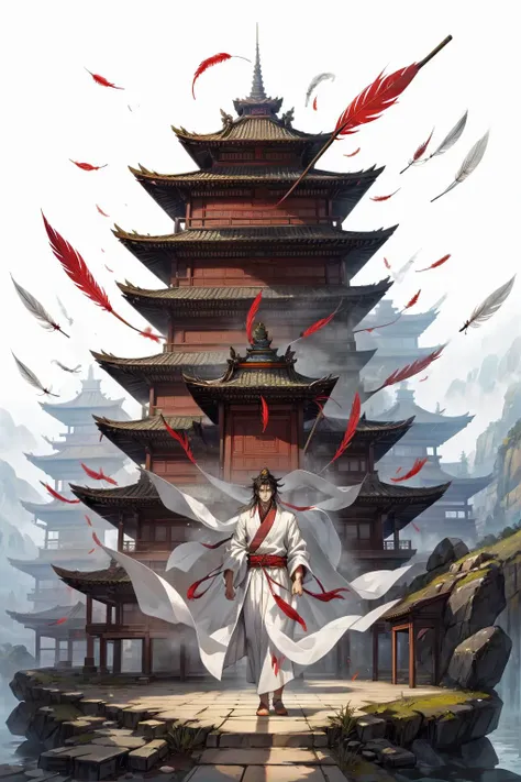 Zhou Dynasty, Chinese Emperor, palace, stone walkway, males holding a spear with a red feather tip, white silk robes, masterpiece, full body shot, feather fan bridge, chinese pagoda and buildings, <lora:æ¦ä¾ V1:0.6>, <lora:LAS:0.4>, <lora:add_detail:0.6>