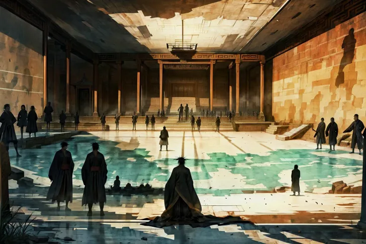 (mobs of people:1.6), chinese silk robes, academic scholars, outlines of maps of ancient china, auditorium filled with people, amphitheater filled with people, semicircle tiered seating, silhouette and shadows of mobs of students and crowds of ancient chinese philosophers shouting and arguing inside a (classroom | ancient chinese courtyard:1.05) Silhouettes and shadows of teachers and students shouting in ancient academies in debate, Hundred Schools of Thought in ancient china, demarcated lines on a worn out battlefield map, masterpiece, academic battles, silhouettes and shadows of people shouting
<lora:add_detail:0.6> <lora:LAS:0.6> <lora:æ¦ä¾ V1:0.6> <lora:splashing ink_20230807094909-000018:0.2> <lora:hairdetailer:0.4> <lora:DW-000008:0.2>