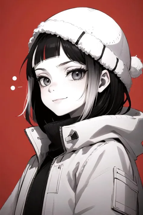 (best quality, ultra detailed), 1girl, solo, winter, smirk, disdain, two-tone dots background,