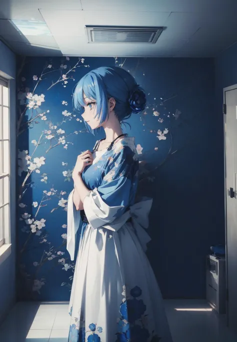 anime opening, (1girl), solo, a dreamscape aesthetic in Cobalt blue theme atmosphere, mosaic background, happy, floral, (wallpaper style), movie trailer, cinematic, screencap, still shot, true perception, comfortable