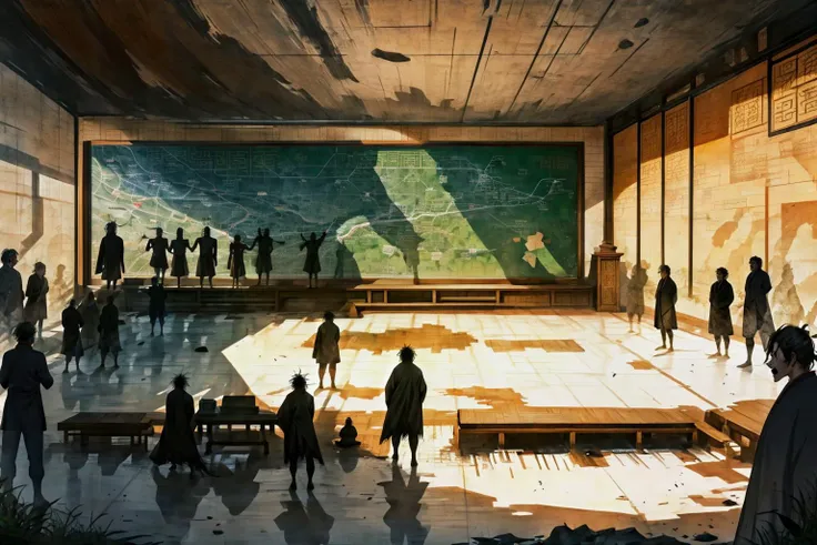 (mobs of people:1.6), chinese silk robes, outlines of maps of ancient china, auditorium filled with people, amphitheater filled with people, semicircle tiered seating, silhouette and shadows of mobs of students and crowds of ancient chinese philosophers shouting and arguing inside a (classroom | ancient chinese courtyard:1.05) Silhouettes and shadows of teachers and students shouting in ancient academies in debate, Hundred Schools of Thought in ancient china, demarcated lines on a worn out battlefield map, masterpiece, academic battles, silhouettes and shadows of people shouting
<lora:add_detail:0.6> <lora:LAS:0.6> <lora:æ¦ä¾ V1:0.6> <lora:splashing ink_20230807094909-000018:0.2> <lora:hairdetailer:0.4> <lora:DW-000008:0.2>