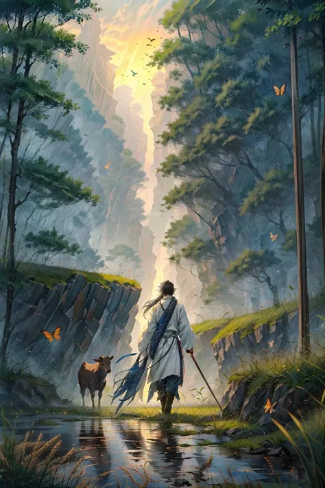 farmer holding a notebook and chewing a stalk of grass, oxen plowing the fields, berry bushes, butterflies flapping their wings, chinese druid, alchemy, research, ancient china, china countryside, agriculture and trees, field of wheat, farming, scientist, one male, magic, masterpiece,  <lora:add_detail:0.6> <lora:LAS:0.6> <lora:hairdetailer:0.6>  <lora:æ­¦ä¾ V1:0.6> <lora:ç¼çå:0.3>  <lora:[LoRA] Jellyfish forest  æ°´ææ£® ããããã Concept (With dropout & noise version):0.3> <lora:DW-000008:0.2>