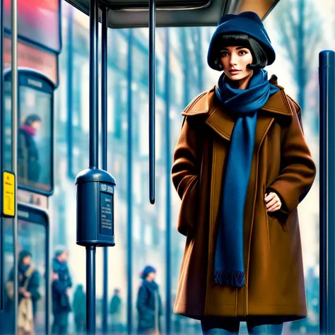 A [young female] standing at a bus stop, wearing warm dark coat and a blue scarf and a French bob haircut, realistic, highly detailed  <lora:FrenchBob:1.2> ((full body)) well-lit<lora:add_detail:1.3>