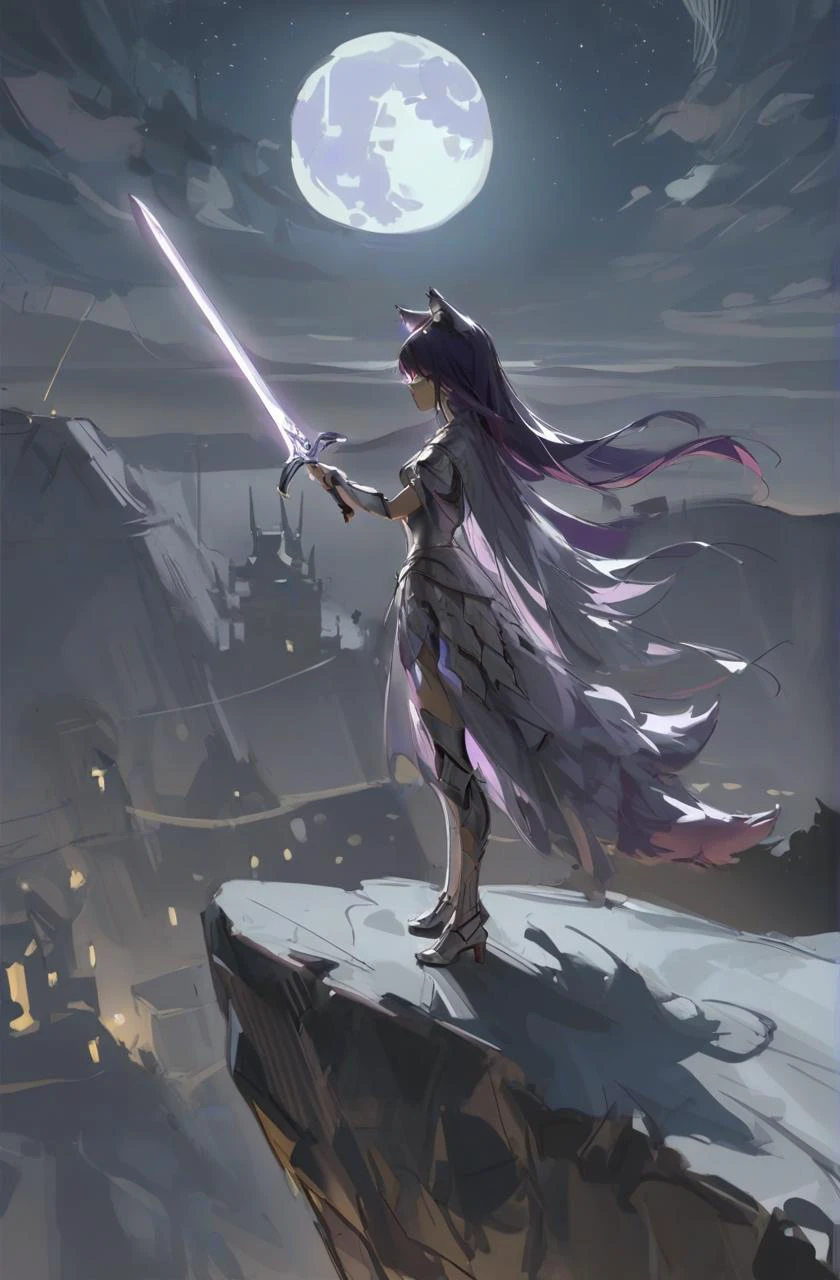 oil painting, sketch,
A young woman with long, flowing purple hair and two large, fluffy wolf ears stands atop a windswept cliff overlooking a moonlit cityscape. She is clad in a sleek, form-fitting armor that shimmers with a faint blue light. In her hand, she holds a glowing sword, its tip pointed defiantly at the sky. The full moon hangs low in the night sky, casting long shadows across the landscape.