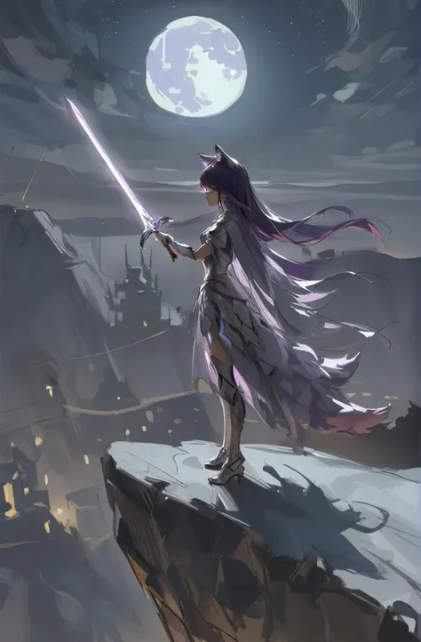 oil painting, sketch，
A young woman with long, flowing purple hair and two large, fluffy wolf ears stands atop a windswept cliff overlooking a moonlit cityscape. She is clad in a sleek, form-fitting armor that shimmers with a faint blue light. In her hand, she holds a glowing sword, its tip pointed defiantly at the sky. The full moon hangs low in the night sky, casting long shadows across the landscape.