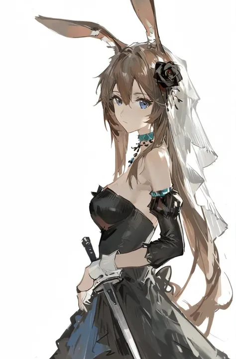 oil painting, sketch,
1girl,animal ears,solo,dress,black dress,blue eyes,amiya (arknights),rabbit ears,long hair,white background,sword,holding,hair ornament,weapon,flower,simple background,looking at viewer,brown hair,breasts,holding sword,hair flower,holding weapon,black flower,red ribbon,veil,bare shoulders,choker,ribbon,medium breasts,bangs,alternate costume,hair between eyes,from side,rose,upper body,strapless,very long hair,hair ribbon,black rose,closed mouth,wrist cuffs,strapless dress,looking to the side,sidelocks,animal ear fluff,rabbit girl,detached sleeves,black choker,frills,
