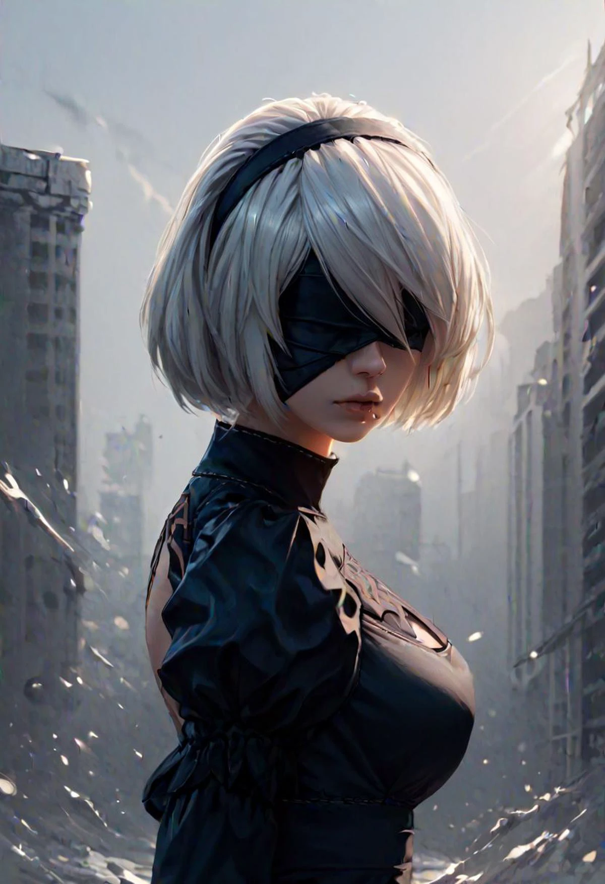 masterpiece, score_9_up, score_7_up, oil painting,
digital art, desaturated tones, backlit,
headshot, close up,
1 girl, solo, expressive,
medium length hair, straight hair, white hair, hair blowing in wind,
2B (Nier: Automata),
blindfold, black blindfold, black hairband, hairband, short hair, white hair,
background dilapidated city,
outside, morning, easynegative, detailed background