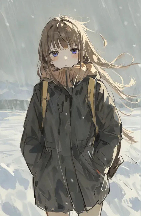 oil painting, sketch，
Girl, long straight brown hair with bangs, blue eyes, looks at the viewer, blush, dressed in a black coat, wears a black backpack on her back, flowing hair, wind, stands outside in the snow, snow, winter, snow is falling, blizzard, hands in pockets, it's light outside, no sun, cloudy, 