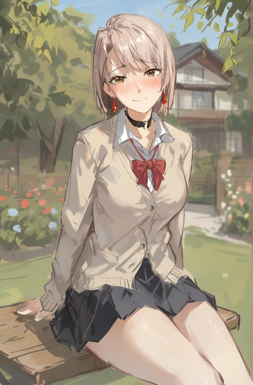 oil painting, sketch,
((full-face blush)), (detailed background:1.2), (perfect face, detailed face), looking at viewer, (mature female:1.4), smile, 1girl, short hair, solo, choker, school uniform, skirt, jewelry, earrings, bow, cardigan, shirt, medium breasts, gekkoukan high school uniform, ribbon, miniskirt,
(garden, outdoors, thighs, sitting)
