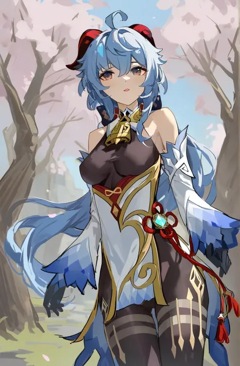 oil painting, sketch,
1girl, ganyu_\(genshin_impact\), solo, blue_hair, breasts, long_hair, detached_sleeves, bell, horns, gloves, bare_shoulders, bangs, gold_trim, looking_at_viewer, purple_eyes, white_sleeves, sidelocks, ahoge, thighlet, black_gloves, white_flower, neck_bell, medium_breasts, cherry blossoms, outdoors, wagashi, tree,see-through,