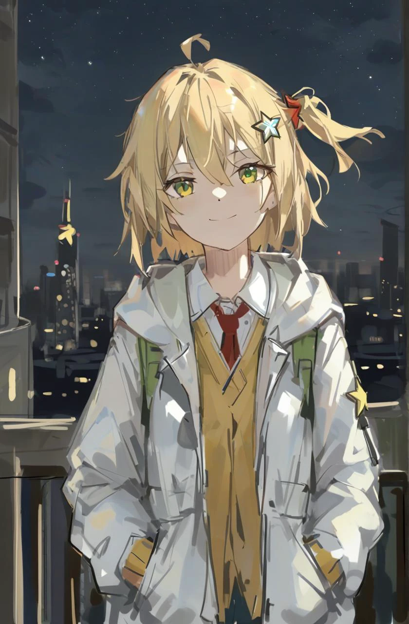oil painting,sketch,
1girl, solo, hair ornament, ahoge, looking at viewer, green eyes, necktie, hood, smile, shirt, jacket, outdoors, upper body, red necktie, bangs, one side up, hood down, night, collared shirt, short hair, closed mouth, open clothes, white shirt, white jacket, sky, hooded jacket, vest, city lights, bag, hair between eyes, open jacket, blonde hair, yellow eyes, star (symbol), hooded coat, city, medium hair