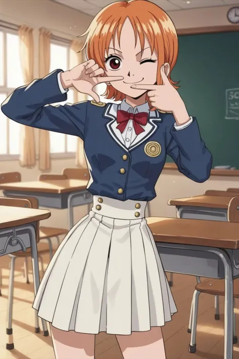 <lora:Nami:0.7>,Nami,orange hair,red eyes,small breasts,slender waist,narrow waist,smile,casino,short hair,closed mouth,starlight_academy_uniform,classroom,one eye closed,ok sign,<lora:finger_frame_xlpony_240406:0.8>,finger frame,, score_9, score_8_up, score_7_up, score_6_up, score_5_up, score_4_up, BREAK, source_cartoon, source_anime,uncensored