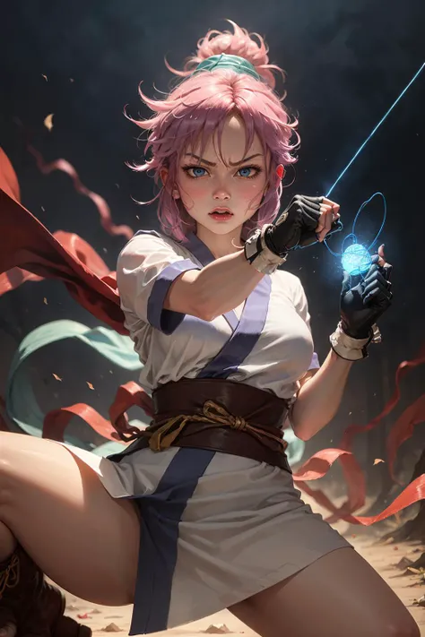 (masterpiece, best quality:1.2), cowboy shot, solo, 1girl, machi komacine, (holding a blue glowing string), in a combat stance, looking at viewer, white japanese clothes,white kimono, angry expression <lora:hxh_machi:0.8>