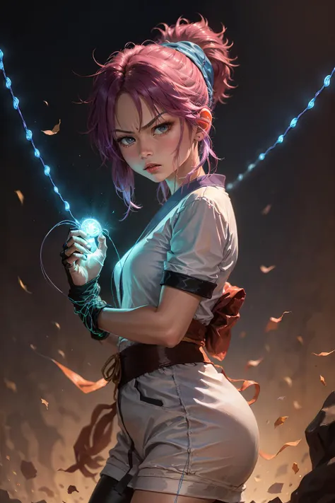 (masterpiece, best quality:1.2), cowboy shot, solo, 1girl, machi komacine, (holding a blue glowing (string:1.2) between her hands:1.3), in a combat stance, looking at viewer, white japanese clothes,white kimono, angry expression <lora:hxh_machi:0.8>