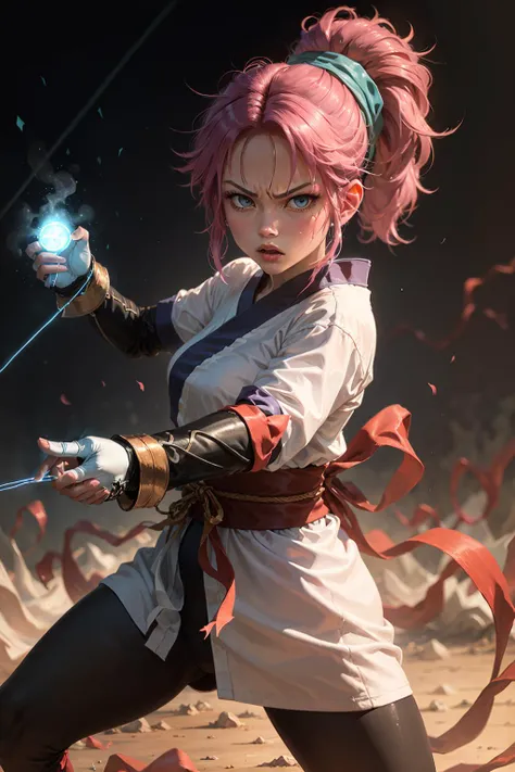 (masterpiece, best quality:1.2), cowboy shot, solo, 1girl, machi komacine, (holding a blue glowing string), in a combat stance, looking at viewer, white japanese clothes,white kimono, angry expression <lora:hxh_machi:0.8>