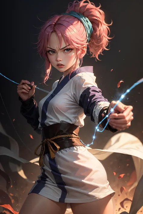(masterpiece, best quality:1.2), cowboy shot, solo, 1girl, machi komacine, (holding a blue glowing string), in a combat stance, looking at viewer, white japanese clothes,white kimono, angry expression <lora:hxh_machi:0.8>