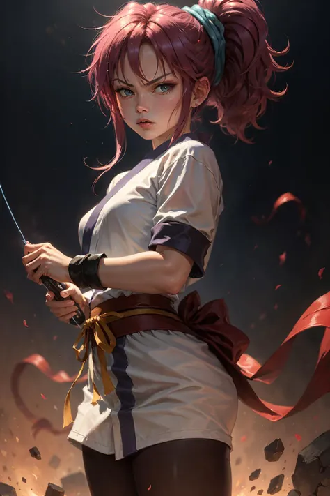 (masterpiece, best quality:1.2), cowboy shot, solo, 1girl, machi komacine, (holding a blue glowing string), in a combat stance, looking at viewer, white japanese clothes,white kimono, angry expression <lora:hxh_machi:0.8>