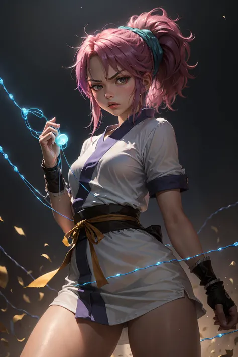 (masterpiece, best quality:1.2), cowboy shot, solo, 1girl, machi komacine, (holding a blue glowing (string:1.2) between her hands:1.3), in a combat stance, looking at viewer, white japanese clothes,white kimono, angry expression <lora:hxh_machi:0.8>