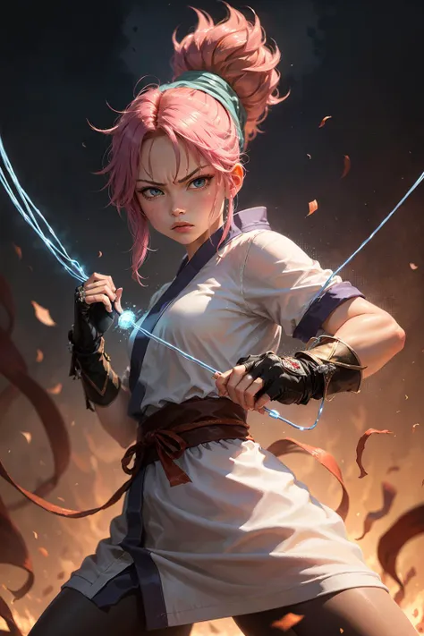 (masterpiece, best quality:1.2), cowboy shot, solo, 1girl, machi komacine, (holding a blue glowing string), in a combat stance, looking at viewer, white japanese clothes,white kimono, angry expression <lora:hxh_machi:0.8>