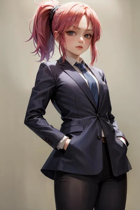 (masterpiece, best quality:1.2), <lora:hxh_machi-10:0.8>, cowboy shot, solo, 1girl, machi komacine, expressionless, closed mouth, looking at viewer, hands in pockets, suit, collared shirt, necktie, black pants