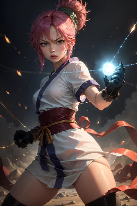 (masterpiece, best quality:1.2), cowboy shot, solo, 1girl, machi komacine, (holding a blue glowing string), in a combat stance, looking at viewer, white japanese clothes,white kimono, angry expression <lora:hxh_machi:0.8>