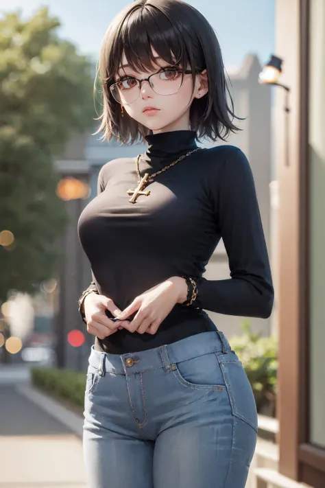 (masterpiece, best quality:1.2), <lora:hxh_shizuku-10:0.8>, cowboy shot, solo, 1girl, shizuku murasaki, expressionless, looking at viewer, arms behind back, brown eyes, glasses, black turtleneck, jeans, cross necklace