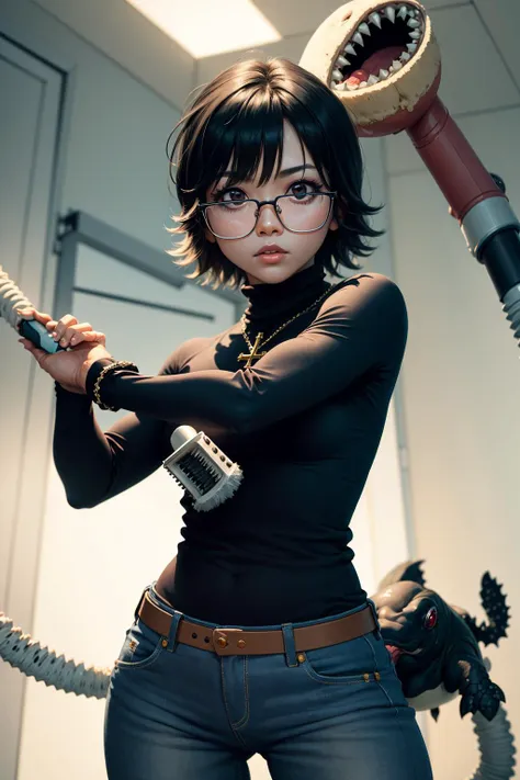 (masterpiece, best quality:1.2), <lora:hxh_shizuku-10:0.8>, cowboy shot, solo, 1girl, shizuku murasaki, brown eyes, glasses, (black turtleneck shirt:1.2), jeans, cross necklace, holding a monstrous vacuum cleaner with sharp teeth, in a combat stance