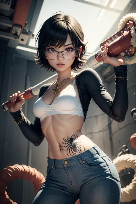 (masterpiece, best quality:1.2), <lora:hxh_shizuku-10:0.8>, cowboy shot, solo, 1girl, shizuku murasaki, brown eyes, glasses, with a small spider tattoo on the side of her stomach, in a white bra, jeans, cross necklace, holding a monstrous vacuum cleaner with sharp teeth, in a combat stance