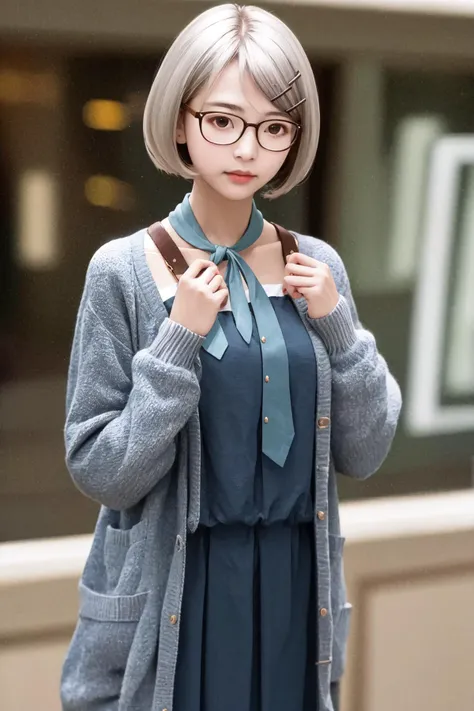 masterpiece, best quality, highres, 1girl glasses hairclip, blue dress neckerchief long sleeves open cardigan <lora:kyouko_okitegami:1> photorealistic