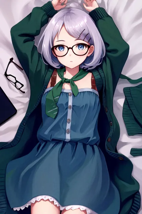 masterpiece, best quality, highres, 1girl glasses hairclip, blue dress neckerchief long sleeves open cardigan <lora:kyouko_okitegami:1> lying on back, arms up, bed sheet
