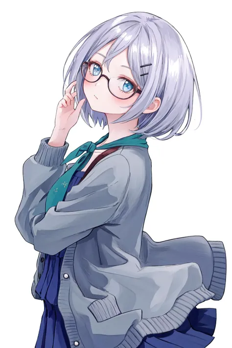 masterpiece, best quality, highres, 1girl glasses hairclip, blue dress neckerchief long sleeves open cardigan <lora:kyouko_okitegami:1> shaft head tilt, from side <lora:shaft_head_tilt2:1> looking at viewer, frilled skirt, simple background