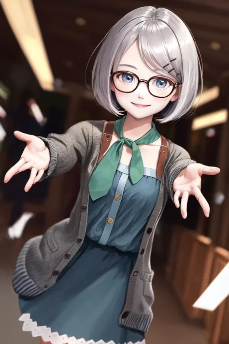 masterpiece, best quality, highres, 1girl glasses hairclip, blue dress neckerchief long sleeves open cardigan <lora:kyouko_okitegami:1> outstretched arms, reaching out, smile