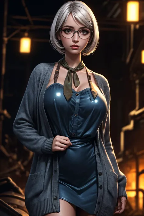(ultra realistic,32k, masterpiece:1.2),(high detailed skin:1.1),( high quality:1.1),
<lora:OGT_Delilah_Uzal-v1:0.8>Delilah Uzal, blush,1girl, solo, thighhighs, glasses, breasts, jewelry, cleavage, earrings, long hair, dark skin, labcoat, dark-skinned female, zettai ryouiki, green eyes, dress, grey hair, skirt,,fighting pose, huge breast,large breast,<lora:add_detail:0.8>,
(iridescence:1.1),