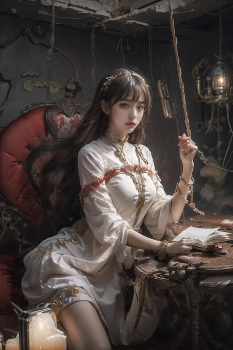 Surrealistic imagery,dreamlike atmosphere,vibrant and contrasting colors, intricate and detailed elements, somber lighting, introspective composition,surrounding emptiness,1girl,melancholic,melancholy,nostalgic,a sense of solitude,dress, long hair,blood splatter,chain,clock,roman numeral,hairband, floating hair,petals,chromatic aberration,puffy sleeves, floating,red chain, cuffs, (red chained:1.3), (red broken_chain:1.3),shackles, blood,handcuffs,anchor,broken,( red chain_restraint:1.4),JnTrp<lora:JnTrp:0.4><lora:danse_20230722235641:0.5>