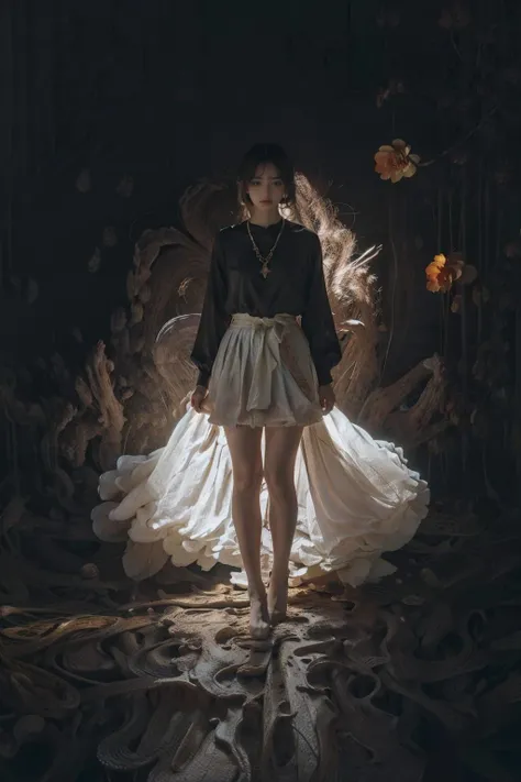 Caged dancer,1girl,full body,solo,melancholic,melancholy,nostalgic,a sense of solitude,floating hair,petals,chromatic aberration,,chain,Surrealistic imagery,dreamlike atmosphere,vibrant and contrasting colors, intricate and detailed elements, somber lighting, introspective composition,JnTrp<lora:JnTrp:0.4><lora:danse_20230722235641:0.5>