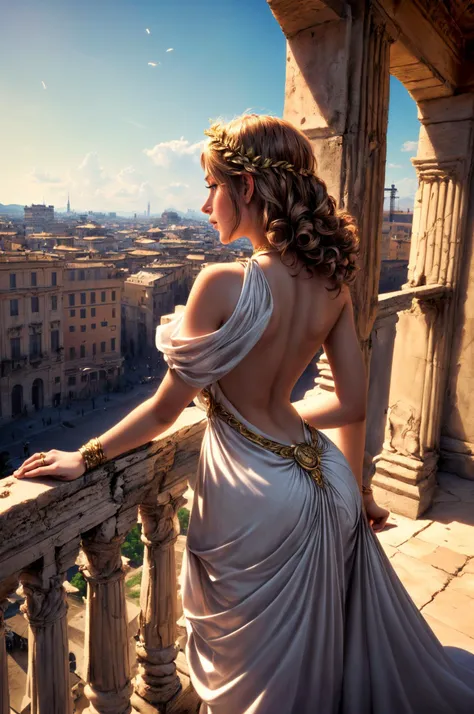 Rome Empire, antiquity, balcony, leaning forward, from back, facing away, from behind, back, backless dress, backless outfit, (ancient dress:1.2), ancient greek clothes, open shoulders, gold laurel wreath, curly hair, (focus on city:1.2), Noble lady standing on a balcony overlooking ancient Rome, detailed cityscape, cinematic view, (historical:1.3), back view focus, scenic perspective, dramatic lighting, (best quality:1.2), (masterpiece:1.2), (masterpiece:1.3), (hires, high resolution:1.3), realistic, heavy shadow, high resolution, <lora:MoreDetails:0.6>, <lora:AncientGreekClothes:0.8>
