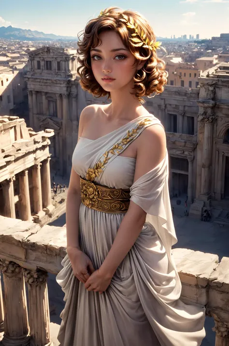 Rome Empire, antiquity, antique architecture, marble, balcony,(ancient dress:1.2), ancient greek clothes, one shoulder, gold laurel wreath, curly hair, (focus on city:1.2), Noble lady standing on a balcony overlooking ancient Rome, detailed cityscape, cinematic view, (historical:1.3), scenic perspective, (best quality:1.2), (masterpiece:1.3), (hires, high resolution:1.3), high resolution, <lora:MoreDetails:0.6>, <lora:AncientGreekClothes-10:0.8>