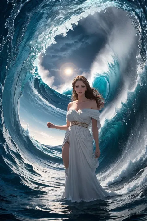 (8k,best quality, masterpiece:1.5), (ultrarealistic, photo-realistic:1.5), ultra-detailed, perfect detail, make up, a beautiful girl, olcasta as aGoddess , deep ocean setting, ultrarealistic, ((incredible lighting and reflections)), solo, , looking at viewer, collarbone, radiant,(( summoning a tidal wave)), (a raging storm), (high seas), <lora:AncientGreekClothes:.5> white ancient greek clothes