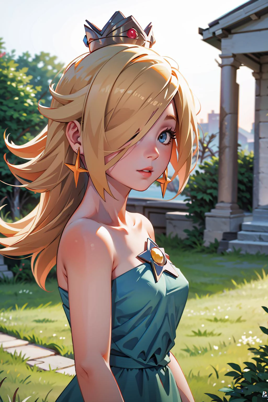 Masterpiece, best quality, 8K RAW, film grain bokeh, IncrsRsln, wearing ancient greek clothes hair over one eye, crown, <lora:Rosalina:.85> <lora:age_slider_v1:-.35>, makeup, alluring, blonde, pillars, plants, <lora:GoodHands-beta2:1> <lora:AncientGreekClothes-10:0.8>