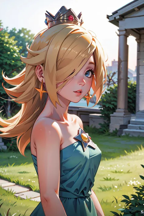 Masterpiece, best quality, 8K RAW, film grain bokeh, IncrsRsln, wearing ancient greek clothes hair over one eye, crown, <lora:Rosalina:.85>  <lora:age_slider_v1:-.35>, makeup, alluring, blonde, pillars, plants, <lora:GoodHands-beta2:1>  <lora:AncientGreekClothes-10:0.8>