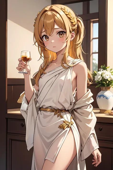 (masterpiece, best quality), 1girl,Honey Blonde Highlights on Brown Messy Side Swept Hair with Low Fade, small breasts, <lora:GreekClothes:1> greek clothes